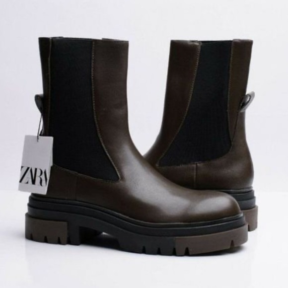 Zara Womens Chelsea Khaki Leather Ankle Boots Lug Soles múltiple size. - Picture 4 of 9